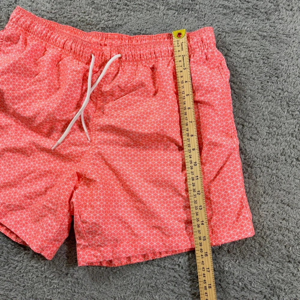 HM Mens Swim Trunks Large Coral Pink Geometric Honeycomb Mesh Lined Drawstring